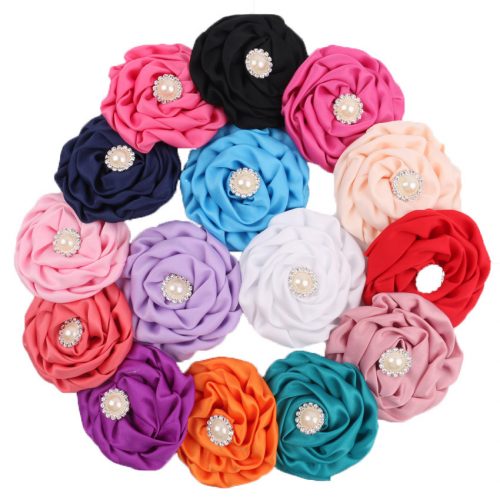 7 cm diameter satin fabric rose flower with pearl 16 colors available