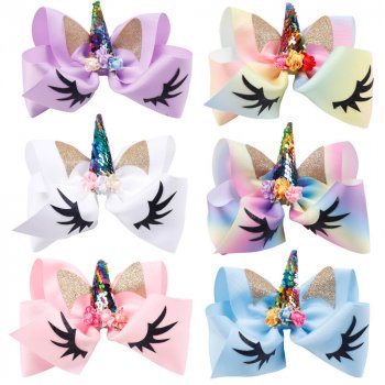 MingRibbon Wholesale ready stock 8 inches unicorn hair bow with clip