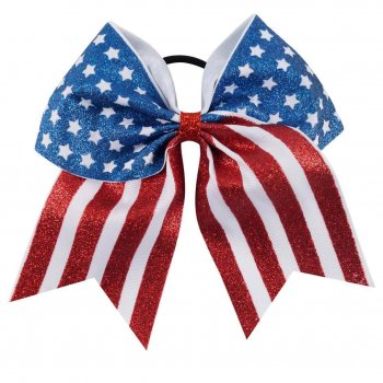 MingRibbon Wholesale ready stock 7 Inches Glitter Cheerleading Hair Bows/American Flag Hair Ties Bows