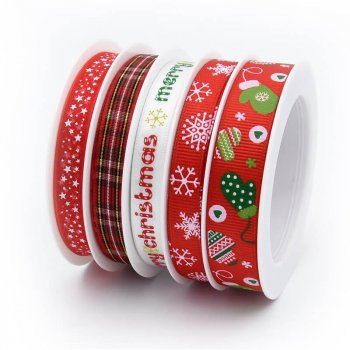 MingRibbon New Arrival 5 rolls/set Red Snowflake Christmas Ribbon For Decorations 5 meters/roll