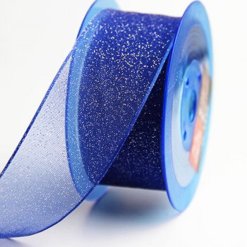 MingRibbon 40 mm Wide Blue Christmas Wired Ribbon, Organza Ribbon with Glitter